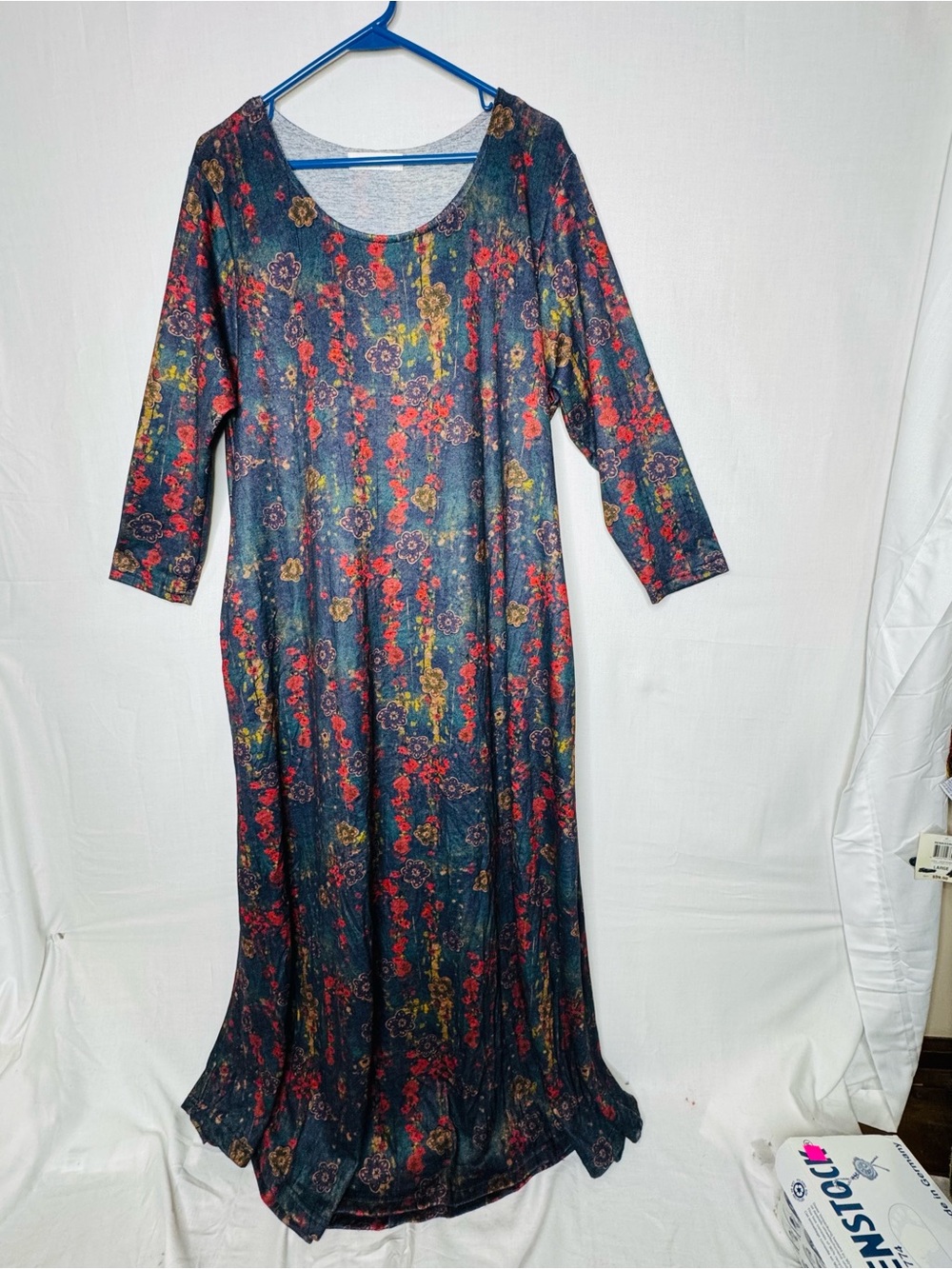 Natural Life Women Floral Maxi Dress Stretch Knit XL 3/4 Sleeve Boho Folk Artsy